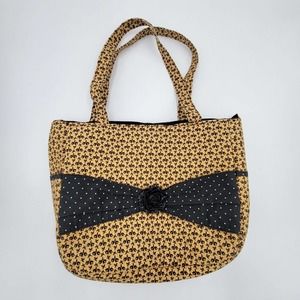 Floral Yellow Black Soft Knit Fabric Handbag Black Rose Lined Black White